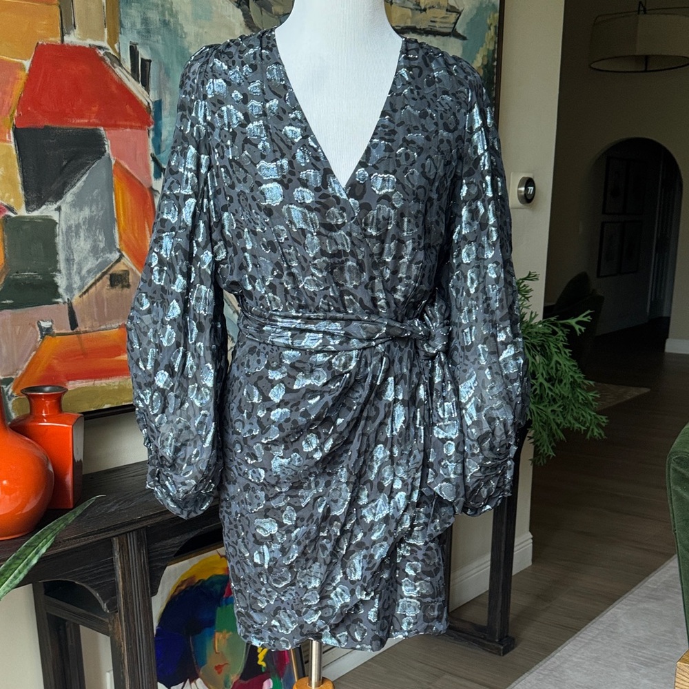 ba&sh Black and Blue/Silver Metallic Patterned Wrap Dress - Picture 2 of 7